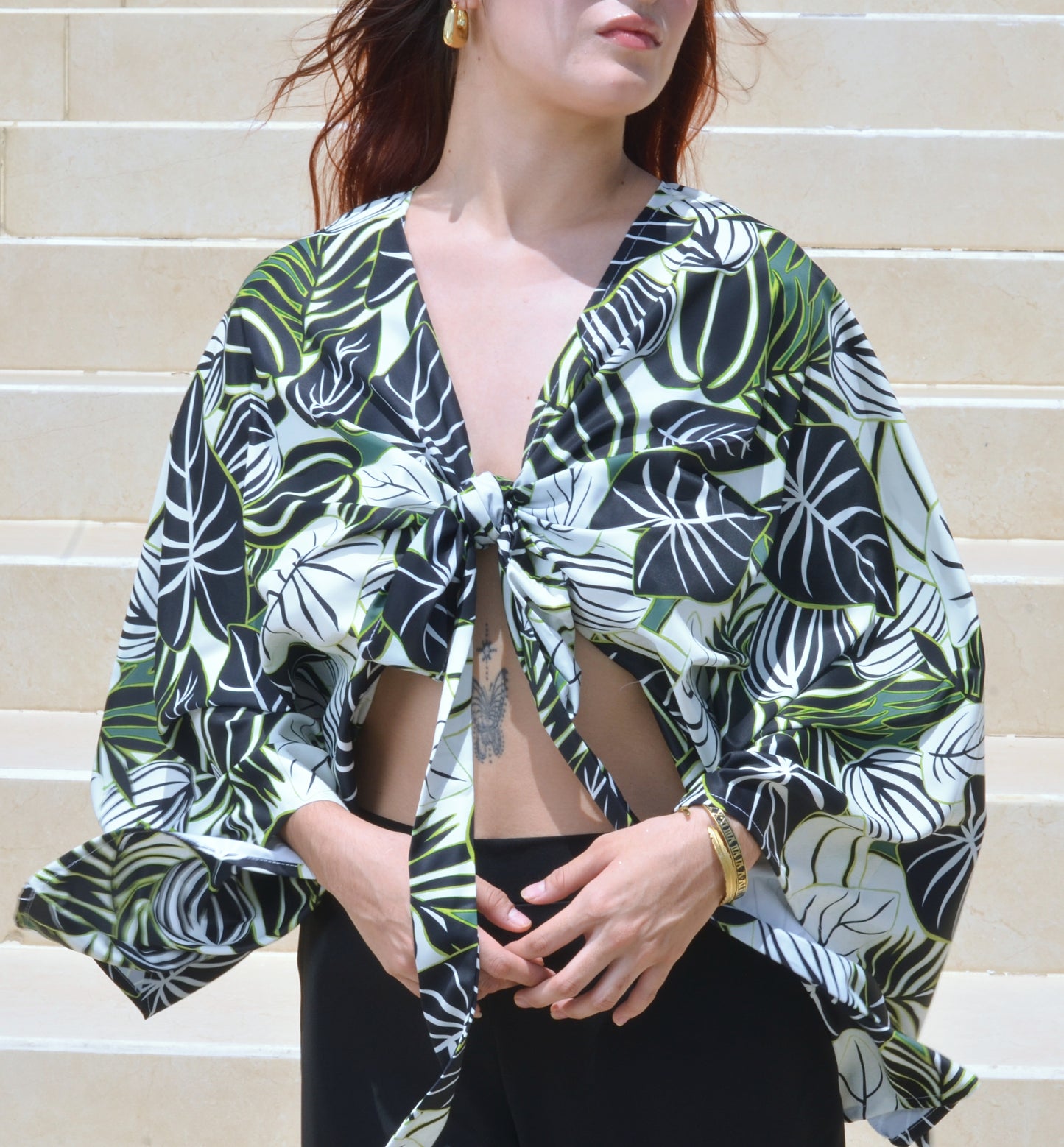 Tie-Front Kimono Blouse – Tropical Boho-Chic Style